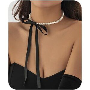 Boho Pearl Bow Choker Necklace Black Long Ribbon Bow Collarbone Chain Vintage Pe